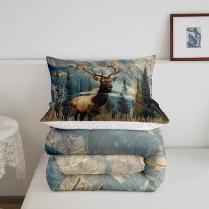 Feelyou Deer Comforter Set Full Size, Deer Antler Bedding Sets, Rural Hunting Theme Down Comforter, Rustic Woodland Duvet Insert, Wild Animals Quilt for Bedroom Decor All Season,Soft Lightweight