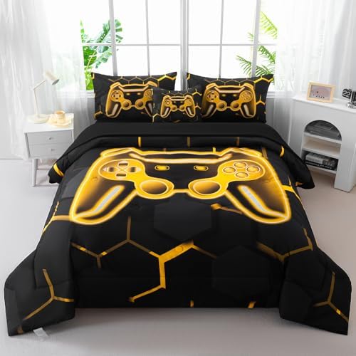 Gamer Twin Comforter Set for Boys - 6 Pieces Gold Gaming Teen Boy Bedding, 3D Game Console Kids Bed in A Bag, Gamepad Printed Bed Set with Sheets (Gold, Twin)