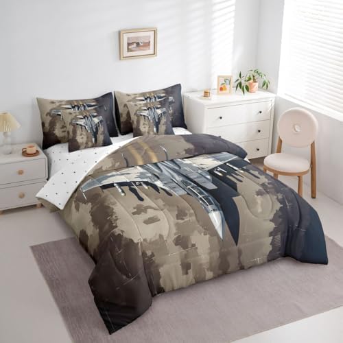 Erosebridal 7 Pcs Military Fighter Plane Comforter Set for Boys Queen Camouflage Aircraft Bedding Set for Kids Men Warplane Aviation Bed in A Bag with Sheets Airplane Bed Sets for Aviation Enthusiast