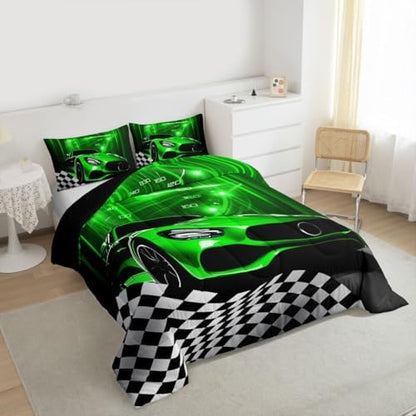Erosebridal Green Race Car Queen Comforter Set for Toddler Boys,Glitter Ombre Line Art Bedding Set Neon Light Sports Car Dashboard Quilt,Black and White Grid Lattice Buffalo Plaid Decor
