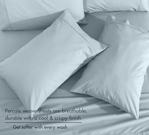 RUVANTI 100% Cotton Twin Sheets, Percale Weave Twin Sheet Set, Blue