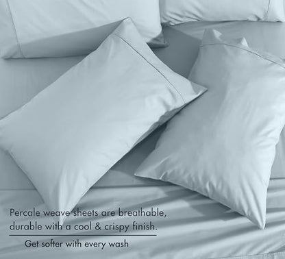 RUVANTI 100% Cotton Twin Sheets, Percale Weave Twin Sheet Set, Blue