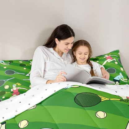Castle Fairy Tennis Comforter Set Queen Size for Kids Abstract Cartoon Athlete Bedding Sets All Season Tennis Racket Balls Quilt Set Bedroom Decor Green Geometric Stripes Down Comforter,3Pcs