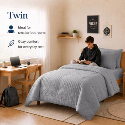 CozyLux Twin Comforter Set, 5 Pieces Grey Seersucker Bed in a Bag