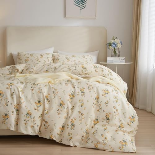 Vintage Yellow Flower Comforter Set Queen Fluffy Soft Floral Bedding Comforter Boho Flower Leaves Botanical Comforter Cottagecore Bedding Set Aesthetic Floral Comforter Set Queen Size for All Season