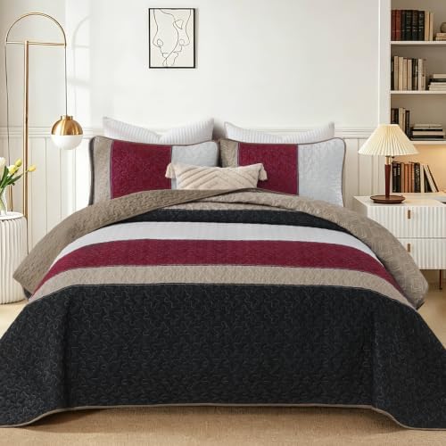 Cottolester King Quilt Bedding Set,Black Red Striped Bedsperad Coverlet Set