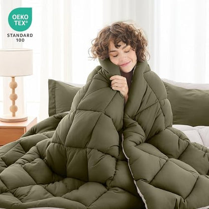 MUXHOMO 5 Pieces Twin Comforter Set, Reversible Bed in a Bag Twin Size, All Season Bedding Set with Comforter, Flat Sheet, Fitted Sheet, Pillowcases & Shams, Olive Green & Beige