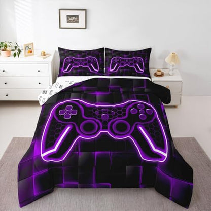 Feelyou Kids Gamer Comforter Set Queen Size Purple Black Bedding Set Boys