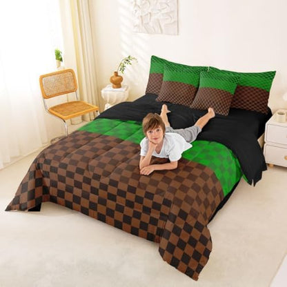 jejeloiu Green Brown Plaid King Comforter Set with Sheets for Kids Boys Girls Checkered Classic 7 Pieces Bedding Set Grid Geometric Bed in a Bag Room Decor Soft Lightweight Microfiber