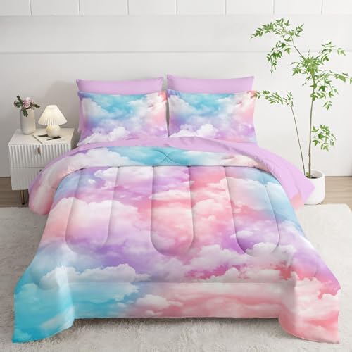 7Pcs Comforter Set Colorful Clouds Printed Bedding Set with 1 Comforter, 1 Flat Sheet, 1 Fitted Sheet and 4 Pillowcases for Boys and Girls Bedroom All Season(Queen)