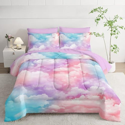 7Pcs Comforter Set Colorful Clouds Printed Bedding Set with 1 Comforter, 1 Flat Sheet, 1 Fitted Sheet and 4 Pillowcases for Boys and Girls Bedroom All Season(Queen)