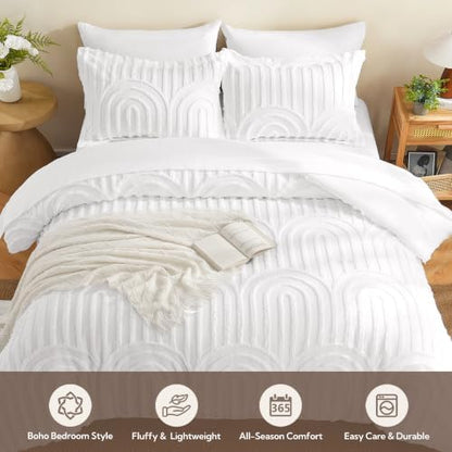 MR&HM Queen Comforter Set Boho 7pcs, White Weatern Arch Tufted Bedding Set