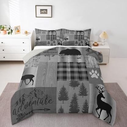 Castle Fairy Deer Bear Comforter Set Queen,Pine Animals Plants Quilt Set for Kids Boys Adults Room Decor,Grey Geometric Plaid Patchwork Bedding Set Vintage Rustic Farmhouse Duvet Insert,2 Pillowcases