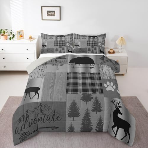 Deer Bear Comforter Set Twin,Grey Geometric Plaid Patchwork Quilt Duvet for Kids Teens Adults Room Decor,Vintage Rustic Farmhouse Bedding Set Pine Animals Plants Down Comforter,1 Pillowcase