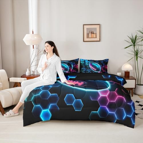 Erosebridal Rugby Sports Comforter Sets with Sheets - Football Bedding Set King for Boys Girls Honeycomb Hexagon 7Pcs Bed in A Bag, Colorful Neon Lights Bed Set