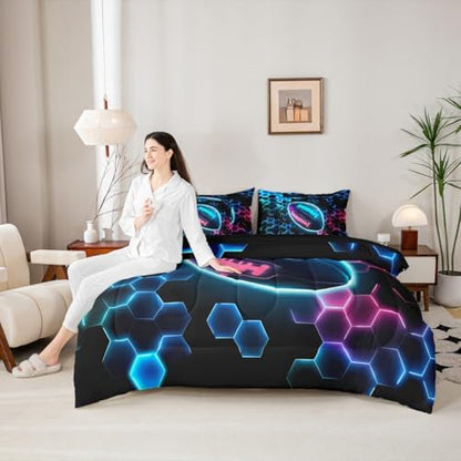 Erosebridal Rugby Sports Comforter Sets with Sheets - Football Bedding Set Full for Boys Girls Honeycomb Hexagon 7Pcs Bed in A Bag, Colorful Neon Lights Bed Set
