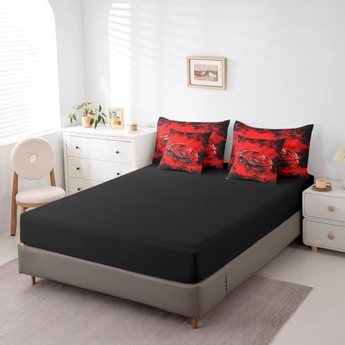 Feelyou Speed Sports Car Comforter Set with Sheets King Size Kids Smoky Race Car 7 Pieces Bedding Set for Boys Girls Teens Racing Car Bed in a Bag Breathable Extreme Sports Bed Set Black Red