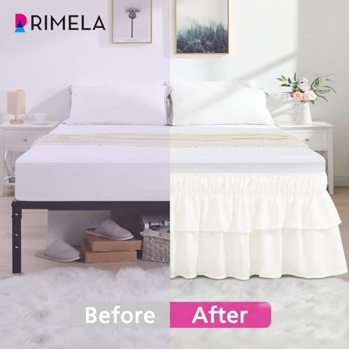 RIMELA Full Size Ruffle Bed Skirt 14 Inch Drop - Cream White Double Layered Wrap Around Dust Ruffle, Romantic Cute Design Bedskirt with High-Density Fabric, Soft Stretchy, Easy Install for Full Bed