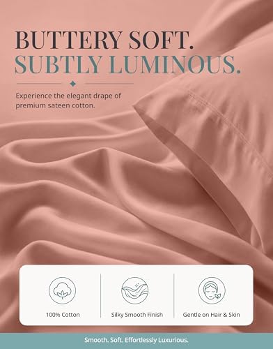 450TC 100% Cotton Bedsheets Queen Size Bed - Soft Sateen Weave, Rose Dawn