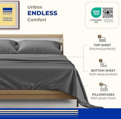 THREAD SPREAD Egyptian Cotton Sheets Queen Size - 1000 Series High Thread Count Cotton Queen Sheet Set (4 PC, Dark Grey), 16" Snug Fit Deep Pocket, Cooling, Sateen Weave Ultra-Soft Hotel Luxury Sheets