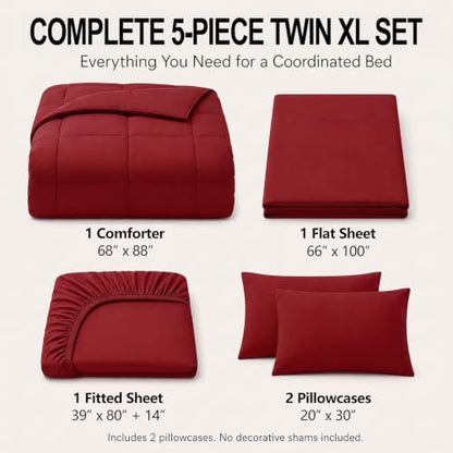 CozyLux Twin XL Comforter Set Dark Red - 5 Pieces Twin XL Bed in a Bag