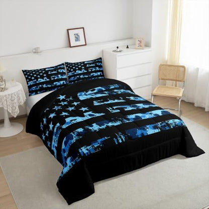 Erosebridal American Flag Comforter Set Full for Boys Kids Teens Bedroom, Camouflage Bedding Set United States Down Comforter USA Federations Stars Duvet Sets 3 Pieces with 2 Pillow Cases, Blue Black