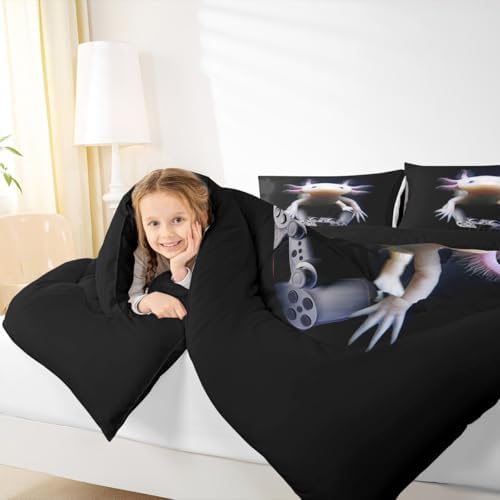 Castle Fairy Axolotl Boys Girls Comforter Set,Mexican Animal Duvet Set for Room Decor,Cute Axolotl Play Gamer Brushed Microfiber Soft Quilt Cover,Full