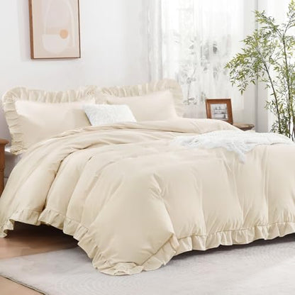 Andency Beige Ruffle Duvet Cover Queen, Shabby Chic Farmhouse Bedding Set