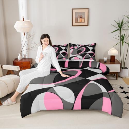 Feelyou Pink Grey and Black Comforter Retro Circle Geometrics Comforter Set Modern Abstract Art Bedding Set for Kids Boys Girls Geometrics Swirl Duvet Set Luxury Room Decor Quilt Set Queen Size