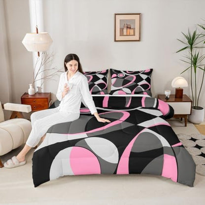 Feelyou Pink Grey and Black Comforter Retro Circle Geometrics Comforter Set Modern Abstract Art Bedding Set for Kids Boys Girls Geometrics Swirl Duvet Set Luxury Room Decor Quilt Set Queen Size