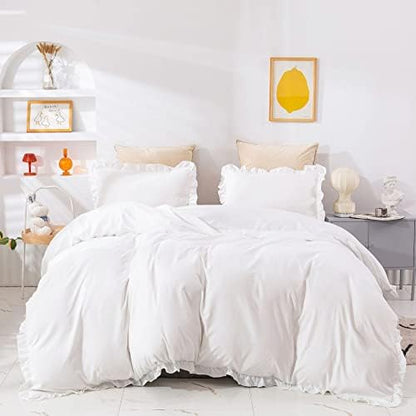 Wellboo White Comforters Twin Size Solid White Shabby Chic Farmhouse Bedding Comforter Set Women Girls Ruffle Bed Quilt Boho White Lace Blankets Soft Vintage Rustic Floral Lace Comforter Set Durable