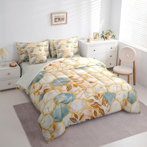 Erosebridal Honeycomb Bedding Set for Kids Teens,Marble Hexagon Comforter Set King Size,Patchwork Geometric Leaves (Comforter+Fitted+Flat Sheet+2 Pillowcases+2 Throw Pillow Covers) 7 Pieces Bed Set