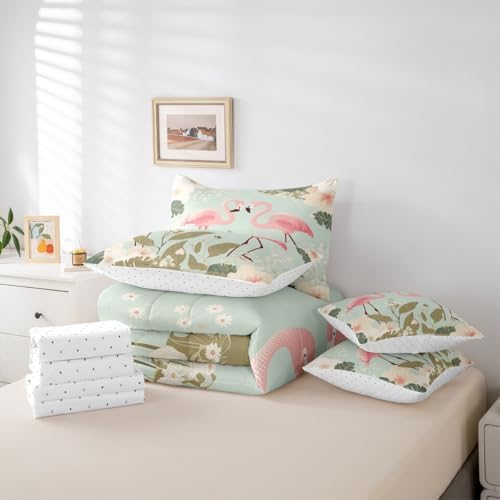 Erosebridal Flamingo 7 Piece Bedding Set Full Tropical Hawaii Comforter Set with Sheets Cherry Blossom Branch Bed in a Bag Spring Romantic Style Bed Sets