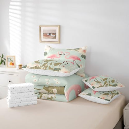 Erosebridal Flamingo 7 Piece Bedding Set King Tropical Hawaii Comforter Set with Sheets Cherry Blossom Branch Bed in a Bag Spring Romantic Style Bed Sets