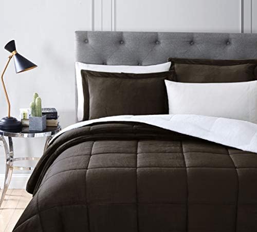 Chezmoi Collection 3-Piece Micromink Sherpa Reversible Down Alternative Comforter Set (King, Chocolate)