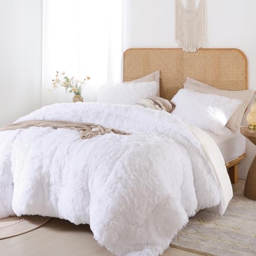 Smoofy Fluffy Queen Comforter Set, White Faux Fur Comforter Set 3 Pieces