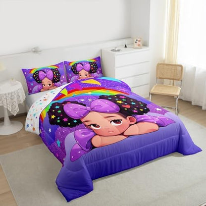 Black Princess Girl Comforter Set Full Size,African Theme American Kids Teens Bedding Set Glitter Starry Sky Rainbow Purple Quilted Duvet Cute Bedroom Decor Pretty Girl Magical Bedspread,2 Pillowcases