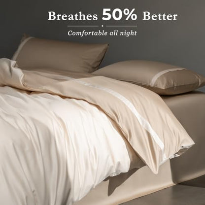 Queen Size Duvet Cover, 100% Egyptian Cotton,1600 Thread Count, Reversible Duvet Cover, Soft and Breathable Satin Bedding Set, All Seasons (Heather Milk Coffee, 90"x90")