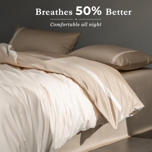 Full Size Duvet Cover, 100% Egyptian Cotton,1600 Thread Count, Reversible Duvet Cover, Soft and Breathable Satin Bedding Set, All Seasons (Heather Milk Coffee, 80"x90")