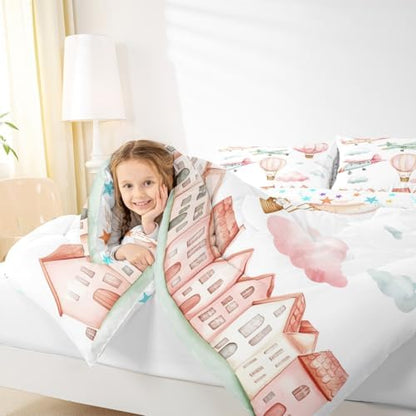 Erosebridal Cartoon Aircraft Queen Comforter Set, Pink Airplane Bedding Set for Girls Kids Teens Youth Women Bedroom, Cute Cat Pink Hot Air Balloon Quilt, Colorful Cloud Comforter