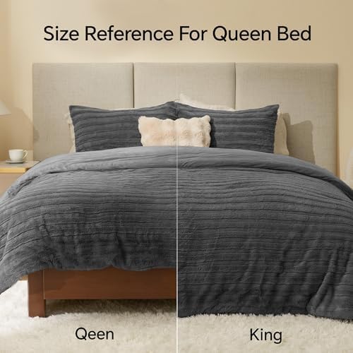 BEDELITE Faux Fur Queen Comforter Set, Fluffy Bed Set, Grey
