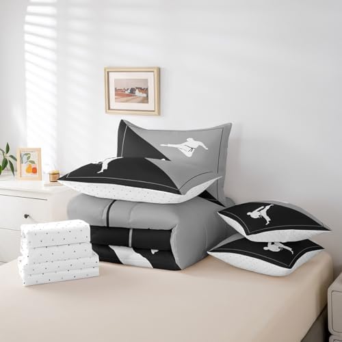 Castle Fairy Teens Adult Taekwondo Comforter Set King Size 7 Pcs Black Gray Bedding Set with Comforter,Sheet Set,Pillowcase and Sham Japanese Style Bed Set Kungfu Bedding for Room Decorative