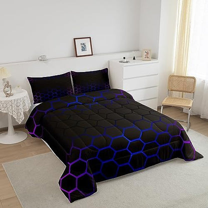 Purple Blue Ombre Hexagon Comforter Set Full Size, Geometrics Honeycomb Bedding Set for Boys Girls Hexagonal Geometrical Blue Black Comforter Abstract Duvet Set Microfiber Bed Set