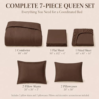 CozyLux Queen Comforter Set Brown - 7 Pieces Bed in a Bag