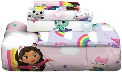 Gabby's Dollhouse Kids Twin Size Bedding, 5 Piece Super Soft Cozy Reversible Comforter and Sheet Set with Sham, (Officially Licensed Product) By Franco