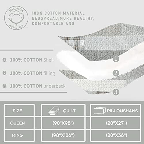 Finlonte King Size Quilt, Cotton King Quilt Bedding Set, Grey(Gray) Patchwork Plaid Bed Quilts King Size, Lightweight Reversible Soft King Size Bedspreads, 3 Pieces