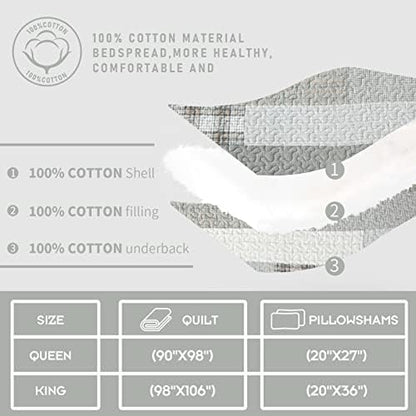Finlonte King Size Quilt, Cotton King Quilt Bedding Set, Grey(Gray) Patchwork Plaid Bed Quilts King Size, Lightweight Reversible Soft King Size Bedspreads, 3 Pieces