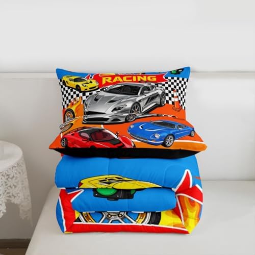 Feelyou Boys Race Car Comforter Set All Season Sports Racing Car Bedding Set with 2 Pillow Cases Extreme Sports Microfiber Kids Full Bedclothes Bedroom Decor Duvet Quilt Breathable Soft Lightweight