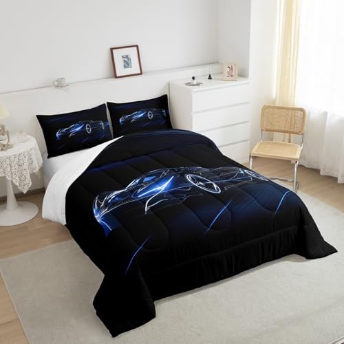 Feelyou Blue Race Car Bedding Set Toddle Size for Kids Boys Extreme Sport Games Duvet Cover Teens Toddler Fast and Furious Comforter Cover Set Cool Modern Bedspread Cover 2Pcs