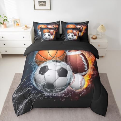 Sports Comforter Set 7 Pieces Queen Size Boys Bedding Set - Kids Basketball Football Baseball Soccer Bed In A Bag With Sheets, Pillow Covers, Pillowcases, Ice And Fire Flame Sports Game Comforter